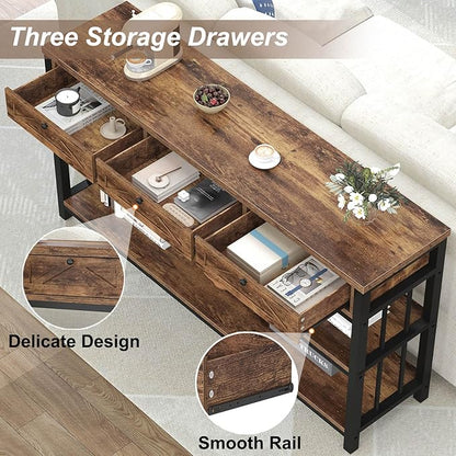 HSH Entryway Table with 3 Drawers, 55” Rustic Sofa Table with Storage Shelves, 3 Tier Console Table Behind Couch for Living Room, Farmhouse Wood Metal Entry Hallway Table for Entrance, Brown, 55 inch