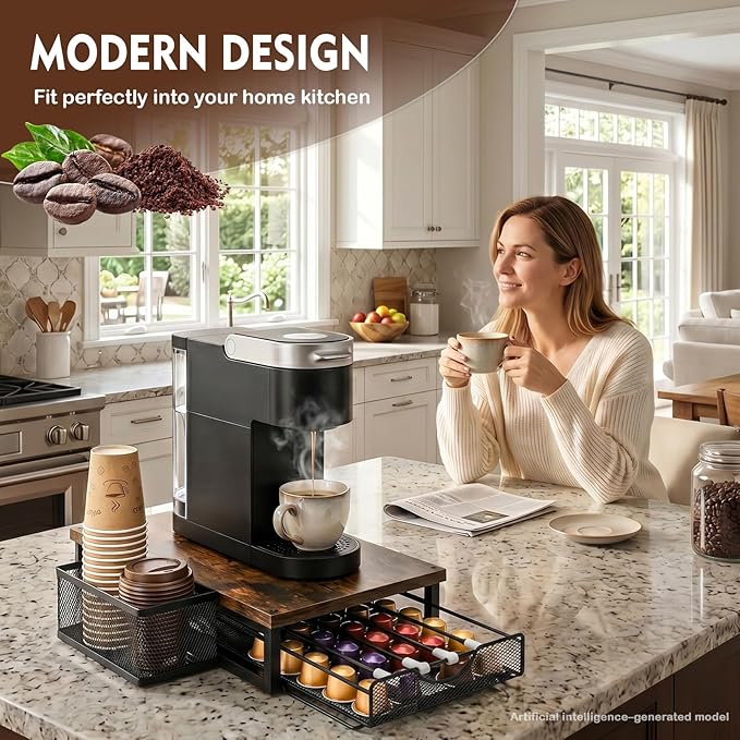 Coffee Pod Holder for Countertop Coffee Bar Organizer 45 Capacity Capsule Pods Storage Coffee Pod Drawer for Coffee Pods Holder Organizer with Sliding Basket for Home Kitchen Office Coffee Bar Station