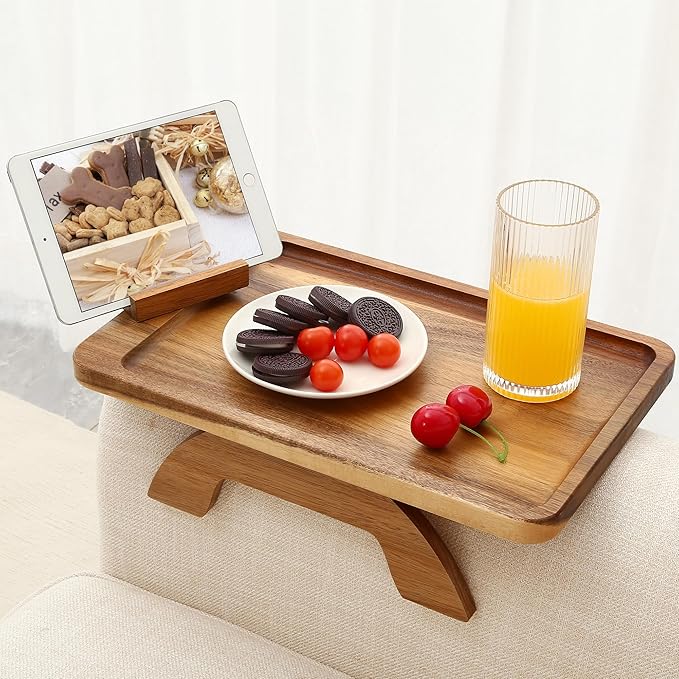 SINWANT Couch Arm Tray, Acacia Wood Sofa Arm Rest Table Clip on Wide Armrest,Folding Anti Slip Couch Armrest Table with 360° Rotating Phone Holder for Snacks,Drinks,Remotes