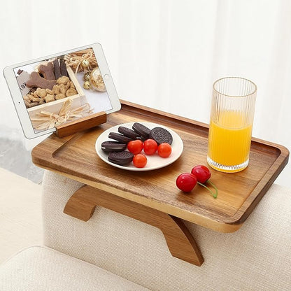 SINWANT Couch Arm Tray, Acacia Wood Sofa Arm Rest Table Clip on Wide Armrest,Folding Anti Slip Couch Armrest Table with 360° Rotating Phone Holder for Snacks,Drinks,Remotes