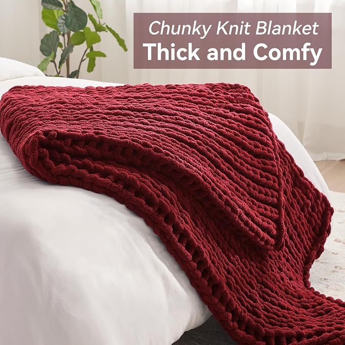 Negwoo Chunky Knit Throw Blanket, 60''*80'' Knitted Throw Chenille Yarn for Bed Couch, Handmade Red Crochet Big Thick Blanket, Machine Washable Cute Comfy Blanket for Home Decor