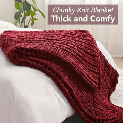 Negwoo Chunky Knit Throw Blanket, 50''*60'' Knitted Throw Chenille Yarn for Bed Couch, Handmade Red Crochet Big Thick Blanket, Machine Washable Cute Comfy Blanket for Home Decor