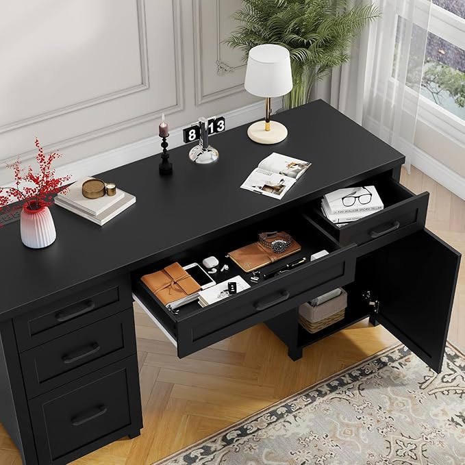 Farmhouse 61'' Executive Desk with 5 Drawers, Rustic Office Desk Computer Desk with Charging Station, File Drawers and Storage Cabinet, Wood Workstation for Study and Home Office,( Pure Black.)