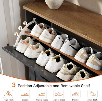 Nicetree Shoe Storage Organizer with 3 Flip Drawers, Freestanding Fluted Accent Narrow Shoe Rack, Farmhouse Shoe Cabinet with 3-Tier Adjustable Shelves for Hallway Foyer Rustic Black