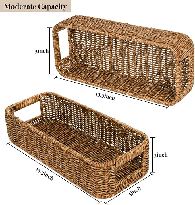 2 Pack Toilet Tank Basket, Handwoven Rectangular Wicker Shelf Baskets for Organizing, Decorative Countertop Storage Bin with Built-in Handle for Bathroom Tank Top, Bedroom Closet