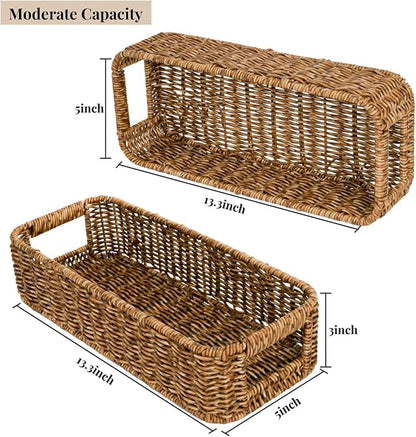 2 Pack Toilet Tank Basket, Handwoven Rectangular Wicker Shelf Baskets for Organizing, Decorative Countertop Storage Bin with Built-in Handle for Bathroom Tank Top, Bedroom Closet