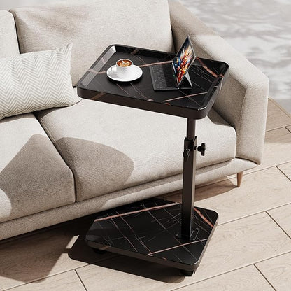 C Table End Table Adjustable Height, 360°Swivel TV Tray Table for Small Spaces, Side Tables with Wheels for Living Room and Bedroom, Bed (Black-15.7 x 11.8 inches)