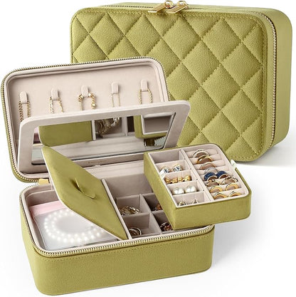 Velvet Travel Jewelry Box with Large Mirror, Double-Layer Jewelry Organizer Case for Women and Girls, Portable Storage Case with 6 Anti-Tarnish Bags Gift Ready for Her (Avocado Green)