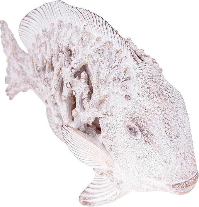 Coral Reef Fish Figurine Nautical Home Decor White Accent Centerpiece Coastal Tabletop Collection 12 1/2 Inch Sculpture