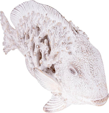 Coral Reef Fish Figurine Nautical Home Decor White Accent Centerpiece Coastal Tabletop Collection 12 1/2 Inch Sculpture