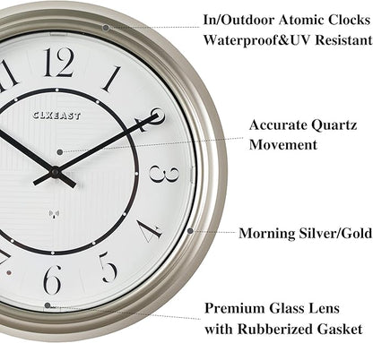 CLXEAST 14 Inch Self-Illuminated in/Outdoor Atomic Wall Clock for Home Office, Night Light Wall Clocks for Living Room Decor,Modern Farmhouse Morning Silver/Gold Finish