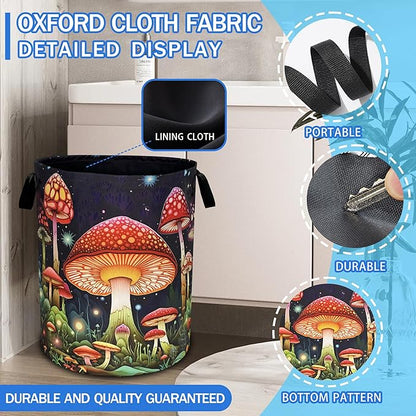 Red Mushroom Laundry Basket Oxford Cloth Psychedelic Plant Laundry Hamper With Handle Foldable Portable Clothes Storage Basket 18.9 X 16.5 In Storage Bag For Laundry Room/Bathroom/Bedroom/Dormitories