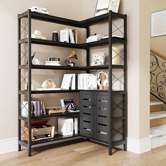 Wildhome 6-Shelf Corner Bookshelf, Vintage Industrial Corner Shelf Etagere Bookcase, Large Book Shelf with Metal Frame Open Storage Corner Cabinet (Black-Lockers)