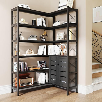 Wildhome 6-Shelf Corner Bookshelf, Vintage Industrial Corner Shelf Etagere Bookcase, Large Book Shelf with Metal Frame Open Storage Corner Cabinet (Black-Lockers)