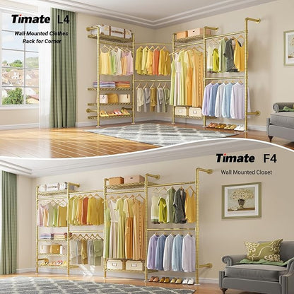 Timate L4 L Shape Garment Rack Heavy Duty for Hanging Clothes, Expandable Industrial Pipe Clothing Rack, Wall Mounted Closet Organizer Large Wardrobe Kit Corner System Gold
