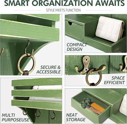 Rebee Vision Pine Wood Key Holder Wall Mount with Small Drawer Organizer - Wall Mounted Mail Organizer & Key Holder with 9 Hooks for Home Decor - Ideal for Entryway, Hallway, and Bedroom (Green)
