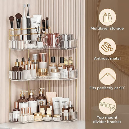 BEFSOP Corner Bathroom Counter Organizer, Upgraded 3-Tier Makeup Organizer Countertop with Makeup Brush Holder, Skincare Exquisite Vanity Organizers Countertop Bathroom Storage Dresser(CLEAR)
