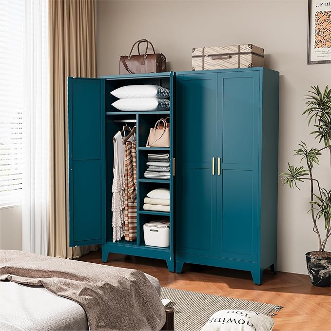 COFaR Peacock Blue Armoire Wardrobe, 71" Metal Closet with Reversible Hanging & Shelving Sections, Freestanding Storage Cabinet with Top Compartment & Adjustable Shelves