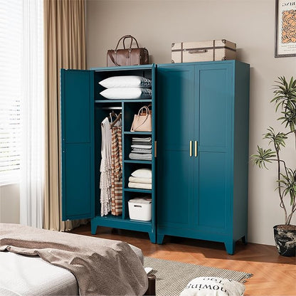 COFaR Peacock Blue Armoire Wardrobe, 71" Metal Closet with Reversible Hanging & Shelving Sections, Freestanding Storage Cabinet with Top Compartment & Adjustable Shelves