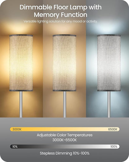 Dimmable Floor Lamps for Living Room with Remote and Foot Switch, 64.4” Modern Standing Tall Lamp, Corner Lamp for Bedroom, Office, Bulb Included, 3000K-6500K, Gray and Silver, FCC Listed SH06LD05W1
