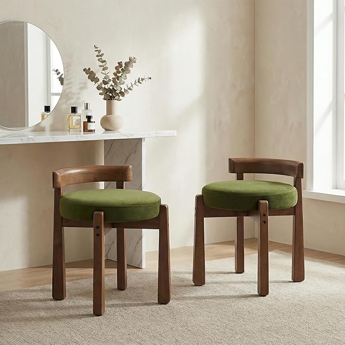 HNY Vintage Green Velvet Makeup Stool Set of 2 Compact Round Ottoman Chairs with Wooden Legs, Perfect for Small Spaces Like Entryway, Cloakroom & Boudoir