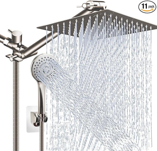 Shower Head Combo(Brushed Nickel),10'' High Pressure Rain Shower Head with 11'' Adjustable Extension Arm and 5 Settings Handheld,Powerful Shower Spray Against Low Pressure Water