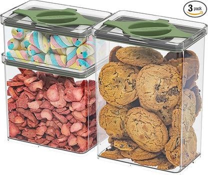 Leakproof Food Storage Container Set with Twist-Lock Lids, 3-Pack BPA-Free Stackable Pantry Canisters for Sugar, Flour, Pasta, Snacks(0.8qt (3.2 Cup), 1.9qt (7.6 Cup), 3qt (12 Cup)- Green