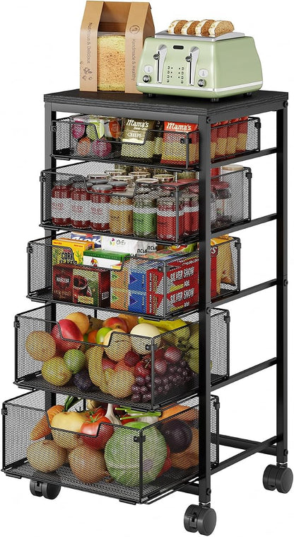 Kitchen Storage Cart with Drawer, 5-Tier Fruit Vegetable Storage Cart, Kitchen Organizer and Storage Cart with Wheels, Wooden Top Metal Wire Pantry Storage Cart rack for Fruit Snack Onion Potato