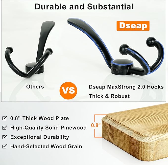 Dseap Coat Rack Wall - Heavy-Duty 38-1/4" Long, with Reinforced 10 Custom Tri-Hooks, Solid Wood Wall Hanger for Coats Hat Jackets - Rustic Farmhouse Entryway Storage,Weathered Brown & Black,Pack of 2