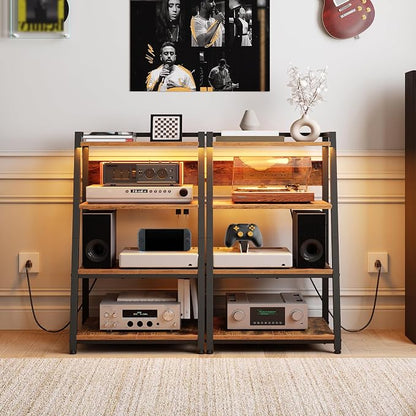 HOOBRO 4-Tier AV Media Stand with Charging Station and LED Light, Wooden Stereo Cabinet, Game Console Stand, Media Audio Rack, Record Player, Entertainment Center, Rustic Brown and Black BF106UDCJ01