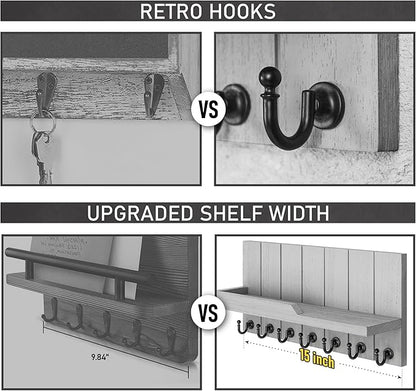 Rebee Vision Decorative Key and Mail Holder for Wall - Farmhouse 15 Inches Floating Shelf with 7 Sturdy Key Hooks for Home Entryway Wall Decor - Rustic Key Racks (Gray,15-inch)