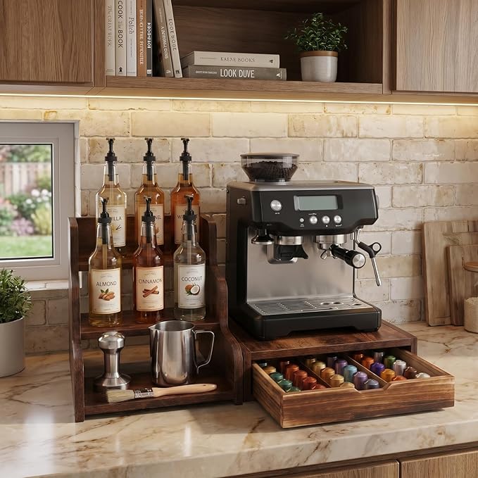 Wood Coffee Bar Organizer Station with Syrup Rack and Capsule Drawer, 3 Tier Coffee Syrup Organizer for Countertop, Coffee Station Organizer with Storage for Coffee Pods, Espresso Machine Stand Shelf