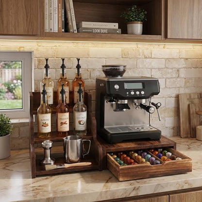 Wood Coffee Bar Organizer Station with Syrup Rack and Capsule Drawer, 3 Tier Coffee Syrup Organizer for Countertop, Coffee Station Organizer with Storage for Coffee Pods, Espresso Machine Stand Shelf