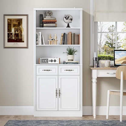 BORNOON 71.4" Tall Bookshelf with Drawers & Cabinet, 5-Tier Floor Standing Bookcase with Storage Doors, Adjustable Shelves & Metal Handles, 31.5" Wide Organizer for Home Office, Living Room