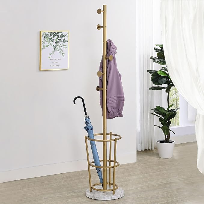 Kings Brand Furniture Freestanding Metal Hall Tree Coat Rack Stand with Umbrella Holder for Entryway Hanging Clothes, Hats, Bags (Gold)