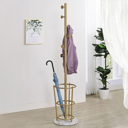 Kings Brand Furniture Freestanding Metal Hall Tree Coat Rack Stand with Umbrella Holder for Entryway Hanging Clothes, Hats, Bags (Gold)