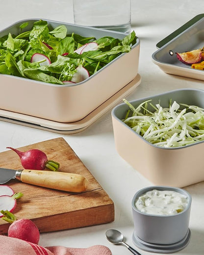 Caraway 3pc Glass Food Storage Set – 10 Cup, 6.6 Cup, & 4.4 Cup Food Containers - Ceramic Coated - Non Toxic Non Stick Lunch Box with Glass Lids - Dishwasher, Oven, & Microwave Safe - Cream