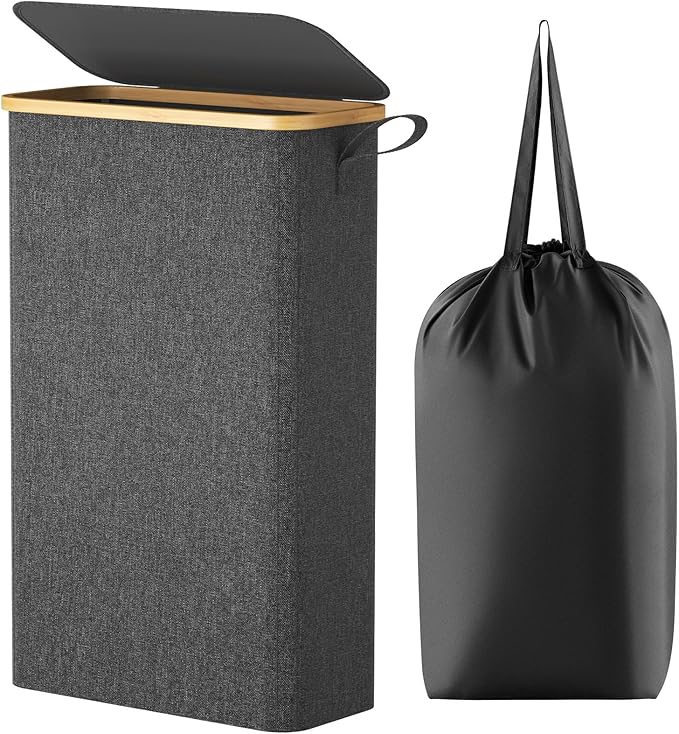Lifewit 65L Slim Laundry Hamper with Lid, Narrow Laundry Basket with Removable Bag & Bamboo Handles, Fodable Thin Dirty Clothes Hamper for Laundry Collapsible Bin for Bathroom Bedroom Dorm, Dark Gray