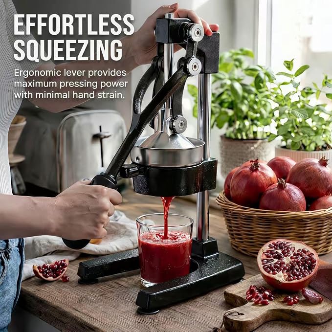 Y-ME Cast Iron Juicer, Heavy Duty Manual Citrus Press with Stainless Steel Detachable Strainers, Hand Juicer for Orange, Lemon, Lime & Grapefruit, Easy to Clean, Black
