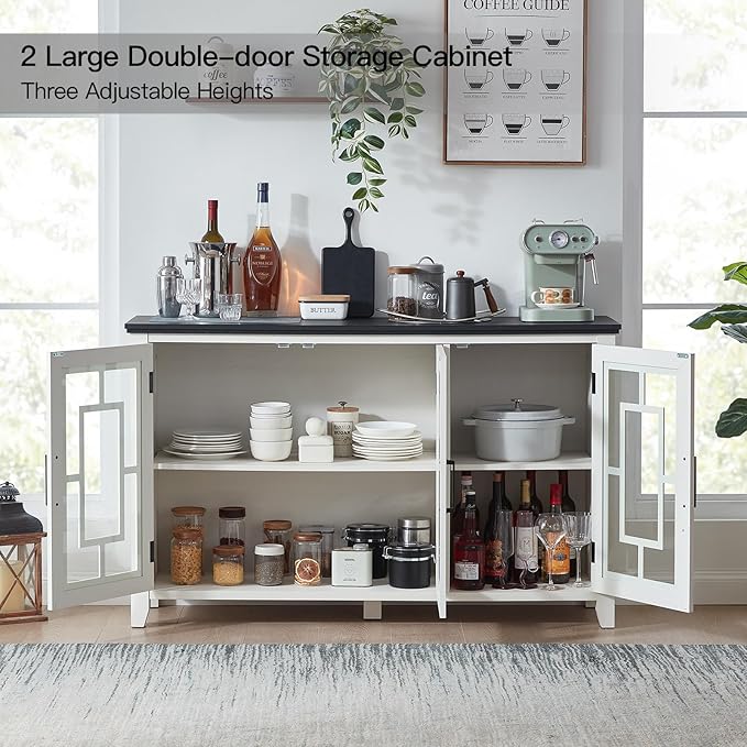 Large Sideboard Buffet Cabinet with Storage, 55" Farmhouse White Kitchen Coffee Wine Bar Cabinet with 3 Glass Doors, Wood Mid Century Modern Side Board Table for Dining Room, Living Room