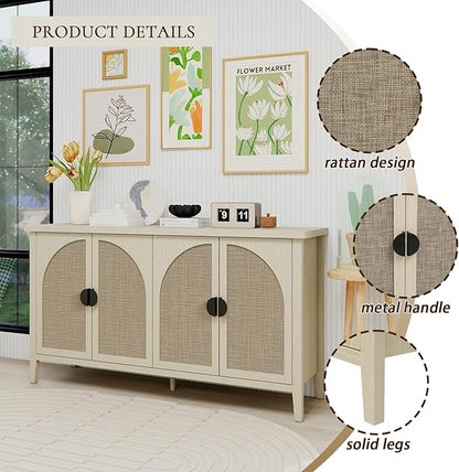 Sideboard Buffet Cabinet, 4-Door Rattan Storage Cabinet, Coffee Bar with Adjustable Shelf, Accent Furniture for Living Room, Dining Room, Home Office, Natural