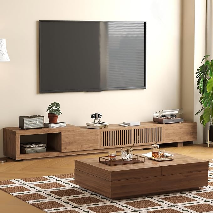 Mid-Century Modern Expandable Coffee Table & TV Stand Set, Walnut Finish – Elegant Storage Combo for Living Room, Bedroom, or Lounge (78.54“ to 103" TV Stand+Coffee Table)