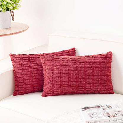 Aegero Pack of 2 Corduroy Decorative Throw Pillow Covers 12x20 InchSoft Boho Striped Pillow Covers Modern Farmhouse Home Decor for Sofa Living Room Couch Bed（Cranberry Red）