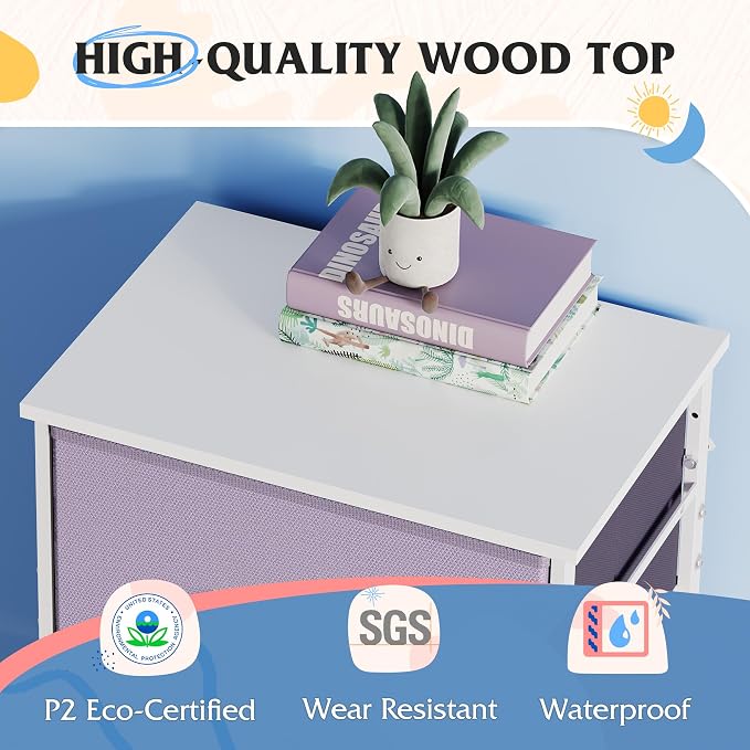 WLIVE Dresser with 4 Drawers, Storage Tower, Organizer Unit, Fabric Dresser for Bedroom, Hallway, Entryway, Closets, Sturdy Steel Frame, Wood Top, Easy Pull Handle, Purple