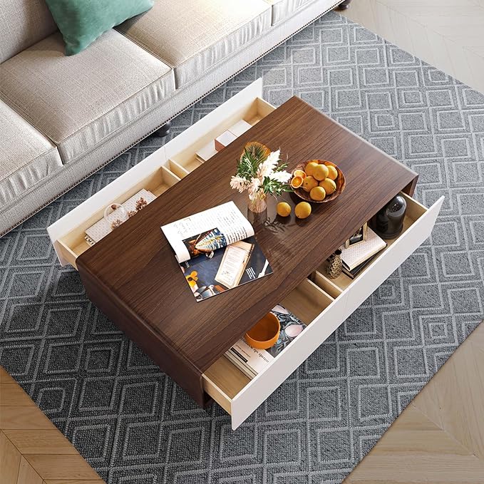 POVISON Modern Coffee Table with 4-Drawer, 51 inch Rectangle Coffee Table for Living Room,Full-Assembled, Walnut and White