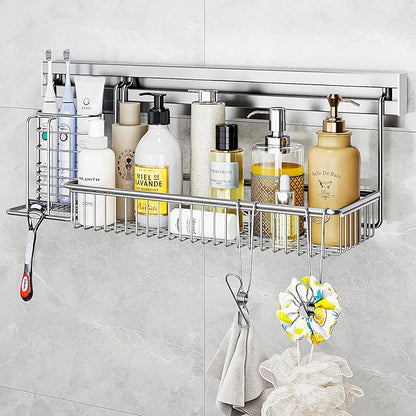 MINGLING Stainless Steel Shower Caddy, 41 cm Wall Back Crossbar Rustproof Shelves with 2 Long Tail Hook Clip, Large Capacity Bathroom Organizers and Storage