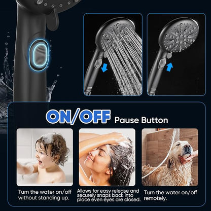 Cobbe 9-Function Shower Head with Built-in Power Spray, 1.8 GPM Water Saving ON/OFF Toggle Switch, High Pressure Handheld Showerhead with 1-Click Pause Button, Brass Bracket & 6ft Hose, Matte Black