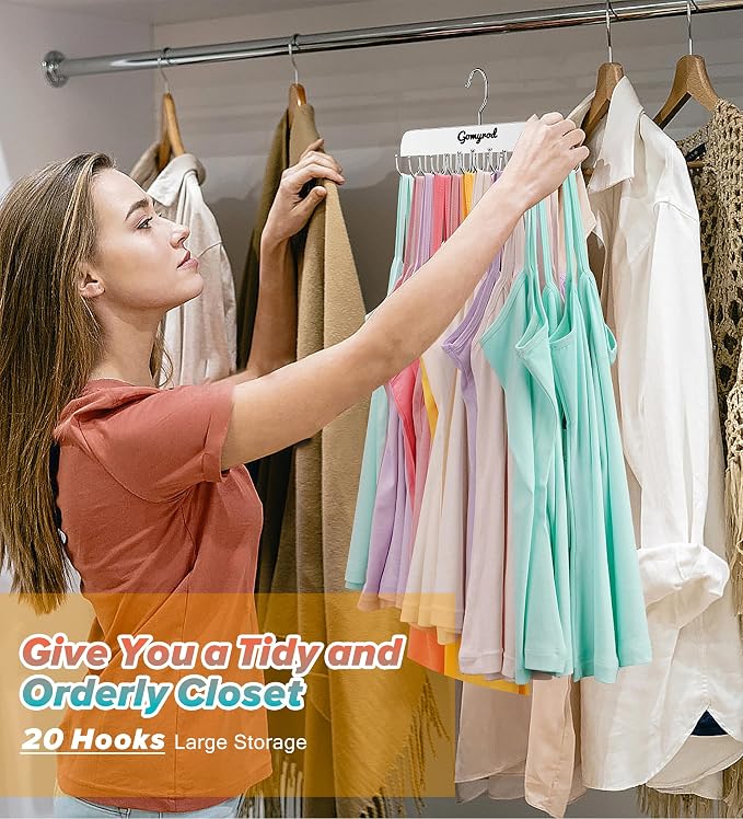 Gomyrod Bra Hanger for Closet, 1 Pack Tank Top Hanger w/20 Hooks Capacity Foldable Wood Space Saving Hangers, 360°Rotating Closet Organizers and Storage for Dorm & Apartment for Bra Scarf Ties(White)