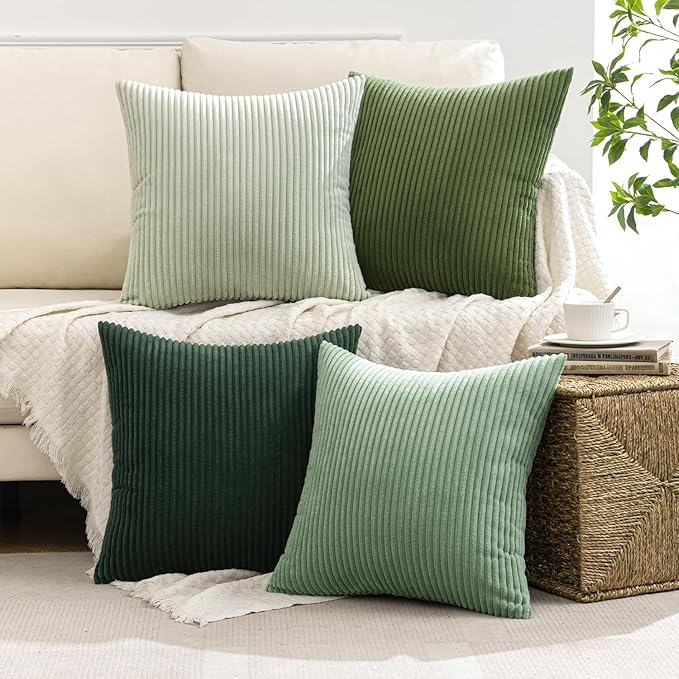 MIULEE Boho Farmhouse Sage Green Throw Pillow Covers 18x18 Inch Set of 4 Mordern Nordic Cushion Covers Soft Corduroy Spring Home Decor for Couch Bed Sofa Living Room Forest Green (Pack of 2)