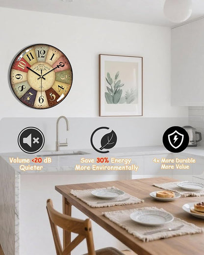 Vintage Wall Clock-12 Retro Rustic Style Quartz Clock,Silent Non-Ticking with Glass Dial,Battery Operated for Living Room, Kitchen, Home, Bathroom, Bedroom